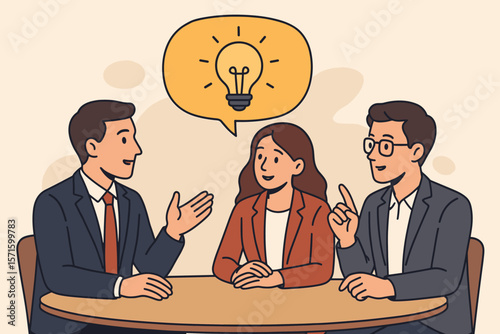 Effective communication in a meeting. Business team discussing a new idea, brainstorming for a solution. Collaboration, teamwork and innovation concept with a lightbulb symbol.