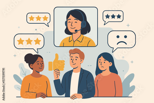 Customer feedback and service quality concept. People give rating reviews and opinions. User experience evaluation with stars, thumbs up, and sad face for call center support agent.