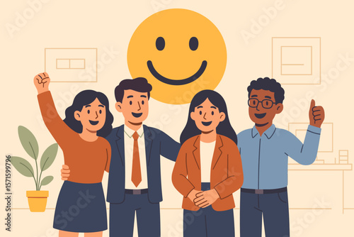 Happy diverse business people showing employee satisfaction. Concept for workplace happiness, team success, motivation, engagement, and positive company survey feedback rating.