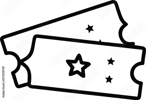 Two Tickets with Stars Icon, Simple Line Art Design for Event, Show, or Movie Admission...