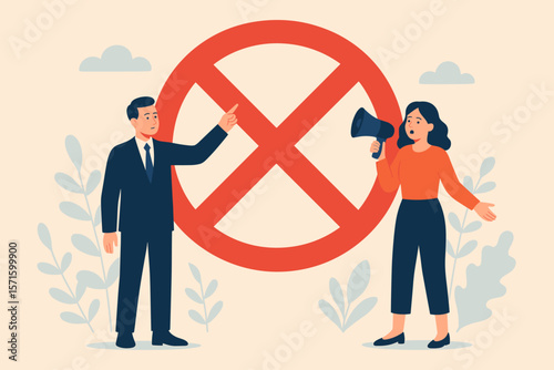 Prohibition warning concept, business people with megaphone and stop sign, forbidden rules, restriction, ban, disallow, danger, illegal activity, hazard announcement