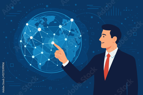 Businessman Touching Global Network Connection, Digital Data Exchange, Cyberspace Technology, Big Data, Internet Communication, World Map, Modern Flat Vector Illustration