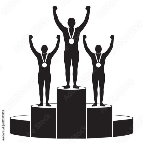 Vector art of winners celebrate on a podium with medals isolated on white background
