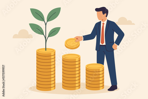 Businessman stacking coins investment growth concept. Money plant on gold coins. Financial success, wealth management, savings, profit, economic development. Flat vector illustration