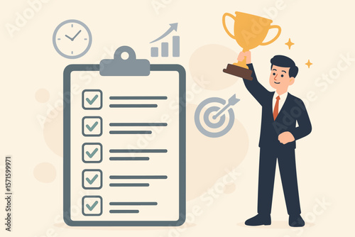 Success habits routine checklist, business achievement winner, goal setting, productivity planning, process management, progress tracking, trophy, target, time management