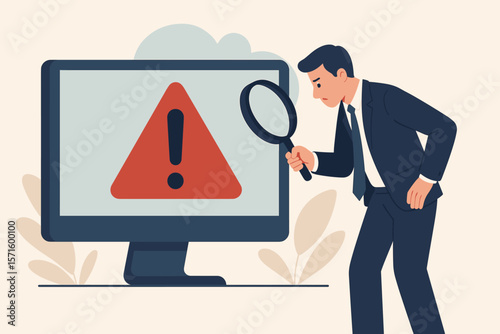 Businessman Analyzing Computer Warning Alert, Root Cause Analysis, Incident Management, Risk Identification, Critical Failure Investigation, Problem Solving Concept Illustration