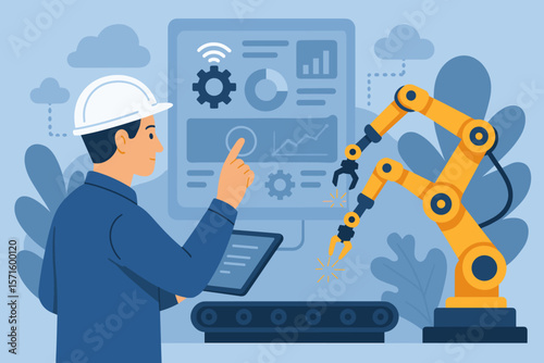 Industry 4.0 smart factory automation with industrial engineer operating robotic arms, digital manufacturing, real-time data monitoring, IoT, advanced production technology