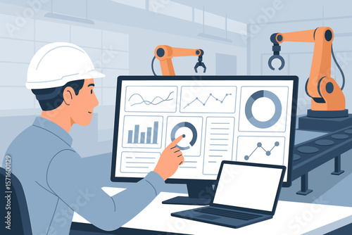 Industrial engineer monitoring and controlling automation robot arms with real-time dashboard interface in smart factory. Industry 4.0 concept, data analytics, manufacturing automation