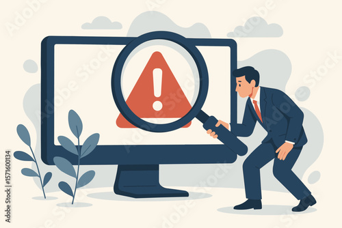 Incident management, root cause analysis, problem solving, risk identification, critical failure detection, businessman with magnifier investigating warning on computer screen