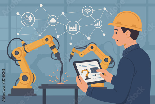 Industry 4.0 smart factory automation with engineer controlling robotic welding arms via software tablet, industrial robotics, IoT network, manufacturing innovation, automotive plant