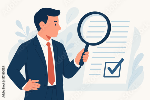 Businessman with magnifying glass reviews document for quality assurance. Legal audit, information research, investigation, proofreading, and checking concept.
