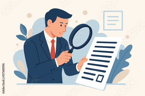 Businessman inspecting document with magnifying glass. Audit, legal review, quality assurance, research, verification, investigation, compliance, report analysis, proof checking