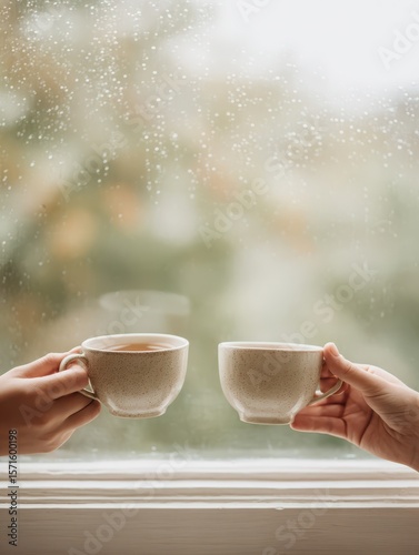 Two Hands Reaching for Tea Cups on a Rainy Window Sill – Cozy Atmosphere with Raindrops, Soft Light, and Warm Tones, Intimate and Peaceful Moment for Autumn, Comfort, or Lifestyle Concepts
