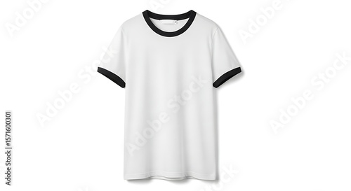 Classic White Ringer T-Shirt Mockup with Contrasting Black Crew Neck and Sleeve Cuffs, Blank Cotton Tee Design Template Isolated on Pure White Background
