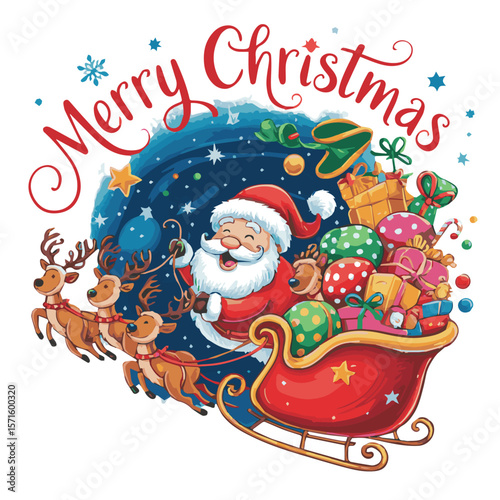 Festive sleigh laden with sacks of presents and christmas decorations