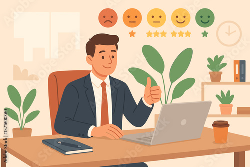 Office job satisfaction and work environment wellbeing. Businessman at desk with laptop. Workplace happiness, career growth, work life balance, rating, feedback, office plants