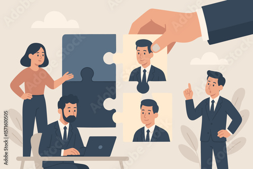 Team recruitment and HR management concept. Business team collaboration, hiring new employee, solving workplace problems, matching candidate to job, puzzle pieces teamwork illustration