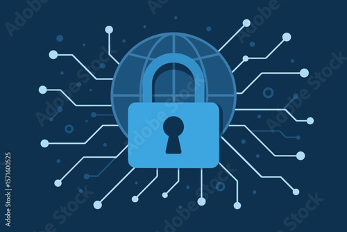 Cybersecurity padlock icon with global internet network connections, digital data protection, secure online privacy, information encryption, technology security concept vector
