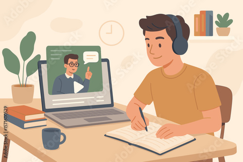 Online education concept. Young man studying at home with laptop, headphones, taking notes during remote e-learning, virtual class, internet course, distance teaching, digital exam, knowledge