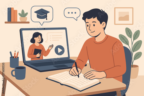 Remote online learning, e-learning education webinar, virtual classroom, distance teaching, student studying internet course, digital knowledge, test, exam preparation