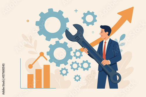 Business process optimization, efficiency improvement, marketing strategy adjustment, profit growth, productivity boost, businessman fixing gears with wrench, analytics, success concept