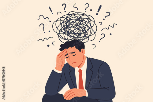 Overthinking anxiety stress mental exhaustion concept. Businessman overwhelmed by negative thoughts, self doubt, fear, indecision, emotional overload, obsessive worry illustration