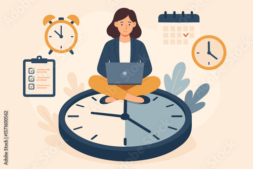 Part-time job time management, work tracking system, day planning, productivity schedule, office deadline, businesswoman with laptop, checklist, calendar, clock concept