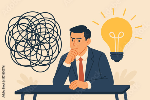 Businessman Contemplating Solutions, Creative Problem Solving and Strategic Thinking, Confusion to Bright Idea, Opportunity Discovery, Messy Issues, Innovation Concept
