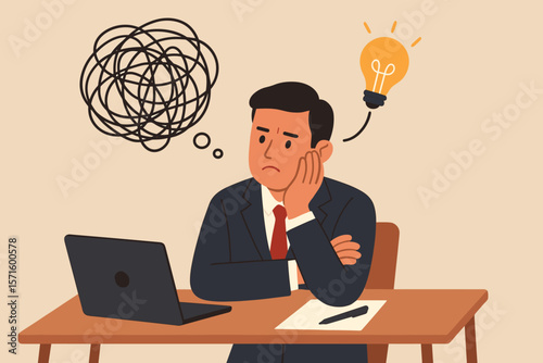 Businessman Problem Solving at Desk, Confused Thoughts and Creative Idea, Strategic Thinking, Opportunity Discovery, Workplace Stress, Brainstorming, Decision Making Concept