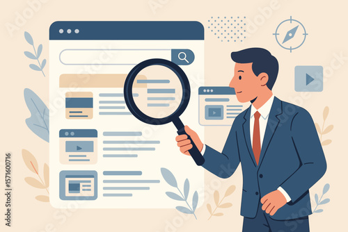 Businessman with Magnifying Glass Analyzing Search Engine Results, SEO Optimization, Website Discovery, Online Research, Job Search, Finding Information, Digital Marketing Concept