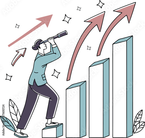 Businesswoman with telescope looking at growth chart financial vision and strategy success