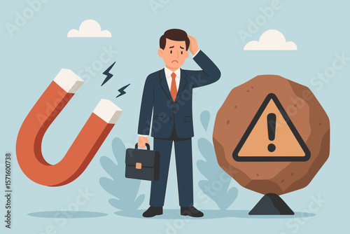 Business Challenge Concept Vector. Confused Businessman Facing Magnet Attraction and Warning Sign. Marketing Risk, Problem Solving, Decision Making, Corporate Dilemma Illustration