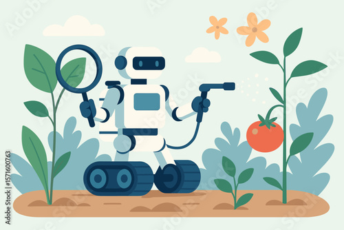 Agricultural robot analyzing plant health and spraying foliar fertilizer on tomato crop. Smart farming technology, automation, precision agriculture, modern vector illustration.