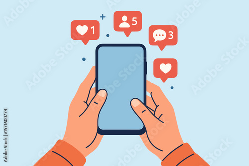 Social media interaction notifications on smartphone. Hands holding mobile device. Like, comment, follower icons. Digital communication, social network, internet connection concept