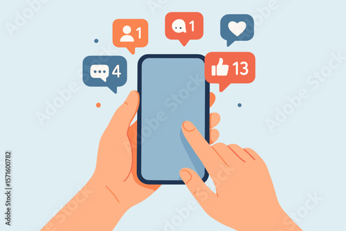 Social media notifications concept. Hands holding smartphone with like, comment, follower, message icons. Digital interaction, online engagement, mobile app communication, internet network