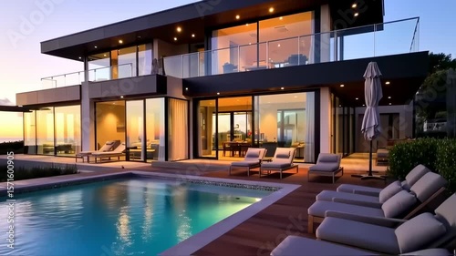 Luxury Oceanfront Villa at Dusk: Modern Architecture and Tranquil Setting