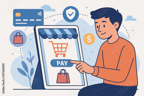Online Shopping Payment Concept Illustration. Man Using Tablet for Secure Digital Purchase, Credit Card, E-commerce Transaction, Mobile Storefront, Modern Flat Vector Design