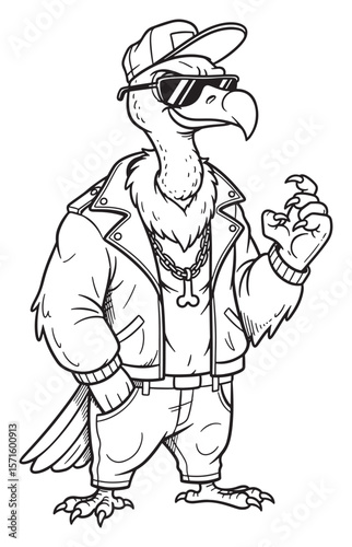 Cartoon Vulture Gangster with Leather Jacket, Cap, Sunglasses, and Bone Chain - Black and White Illustration