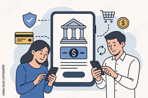 Digital online banking application, secure financial transaction, mobile payment, internet banking, business people using smartphones, money transfer, e-commerce, credit card, fintech