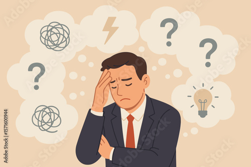 Overwhelmed businessman thinking, stress anxiety confusion, multiple problems ideas solutions, mental overload, decision making, brainstorming, question marks, tangled thoughts concept
