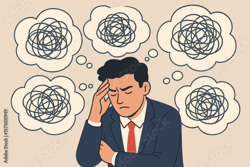 Overwhelmed businessman thinking, anxiety and stress concept. Confused thoughts, mental health, problem solving, burnout, worry, contemplation, busy mind, workplace pressure