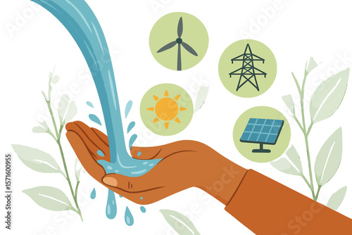 Sustainable energy and water conservation concept. Diverse woman’s hand catching flowing water, renewable energy icons—solar, wind, hydro, power grid. Ecology, Earth Day, green nature