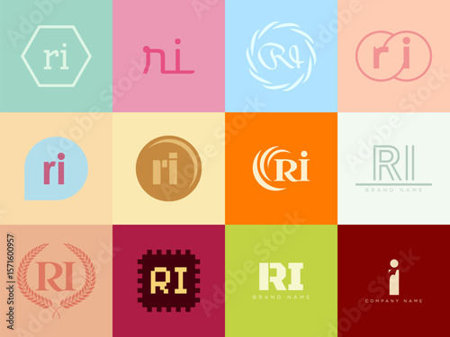 RI logo company template. Letter r and i logotype. Set different classic serif lettering and modern bold text with design elements. Initial font typography.