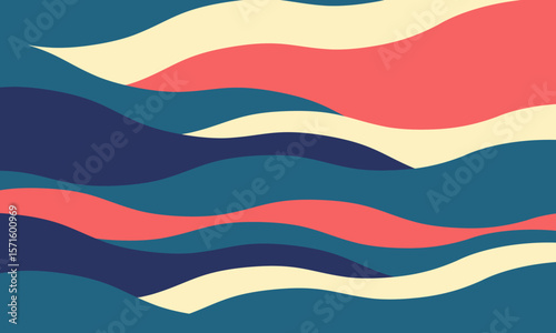 Abstract wave pattern in calming blue, coral, and cream tones.