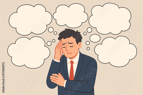 Overwhelmed businessman thinking, multiple ideas, stress, anxiety, problem solving, decision making, mental overload, contemplation, confusion, brainstorming, solutions concept