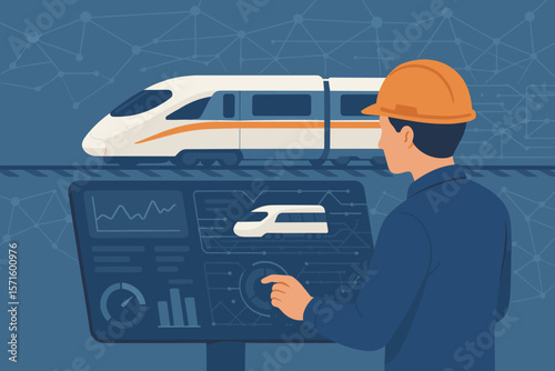 Modern high speed train engineer using digital control panel interface for real time railway data analysis, track monitoring, smart transport technology, network connection system