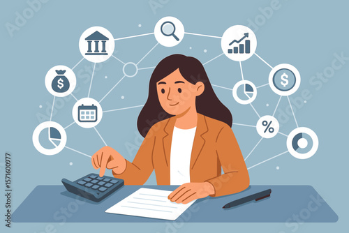 Businesswoman accountant calculating company financial results with calculator, banking icons, data network, finance analysis, statistics, research, money management concept