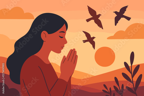 Serene woman praying at sunset with flying birds silhouettes. Spiritual meditation concept. Peace, mindfulness, tranquility illustration. Nature landscape background. Faith, hope, freedom symbolism.
