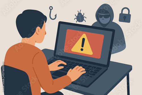 Cybersecurity threat warning on laptop screen. Hacker attack, phishing, malware, data breach, cyber crime, computer security risk, online fraud alert, digital safety concept.