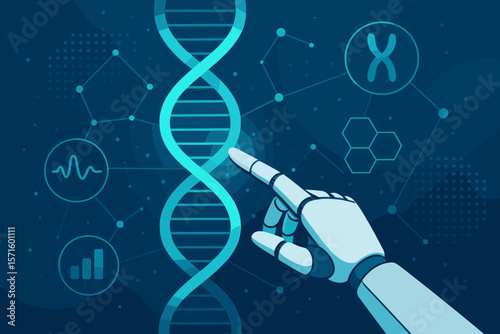 AI robot hand touching DNA helix. Artificial intelligence in genetics, bioinformatics, and biotechnology. Future science research, chromosome analysis and medical innovation concept.